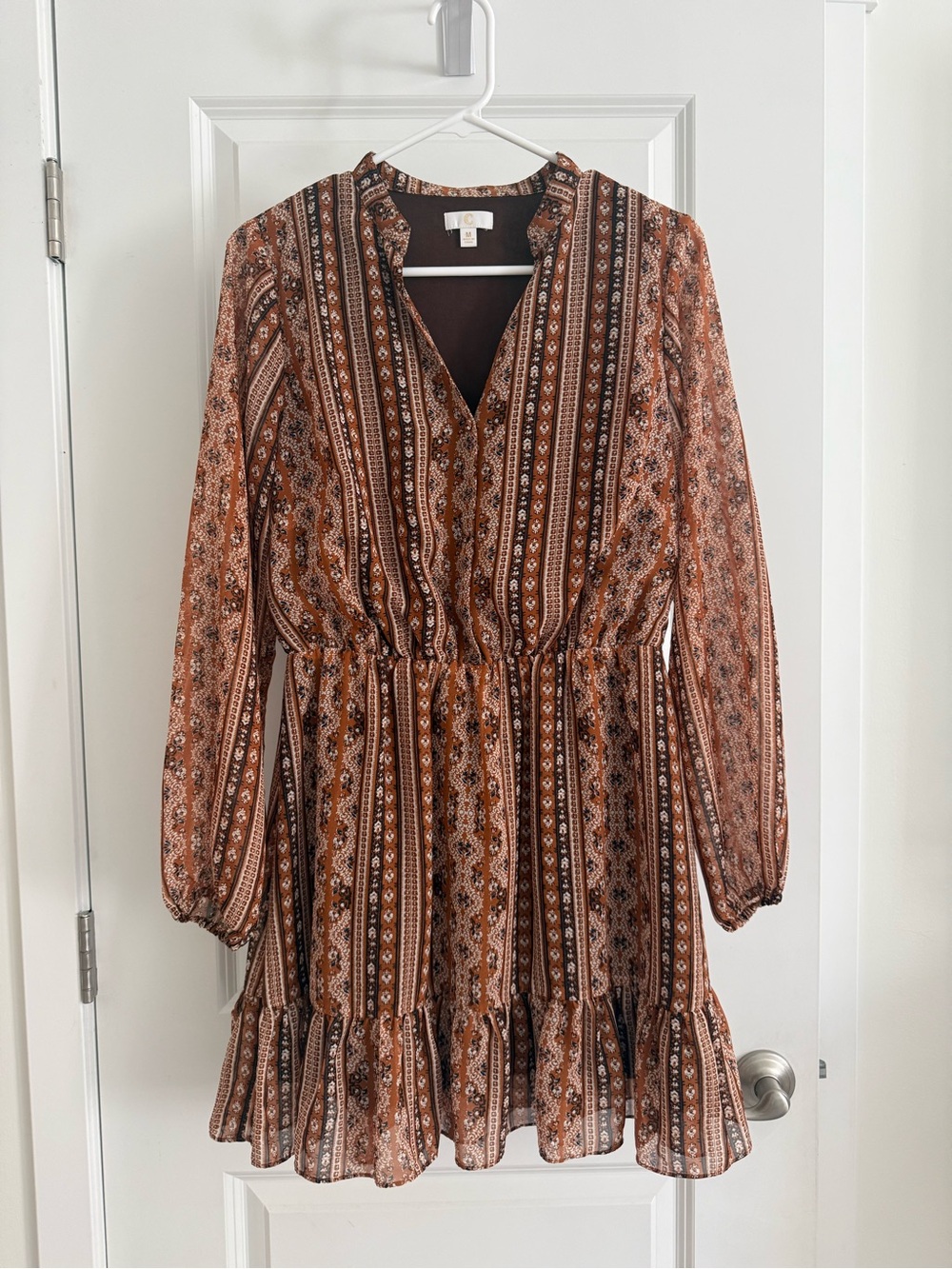 Charming Charlie Brown Patterned Long Sleeve Ruffle-Hem Dress